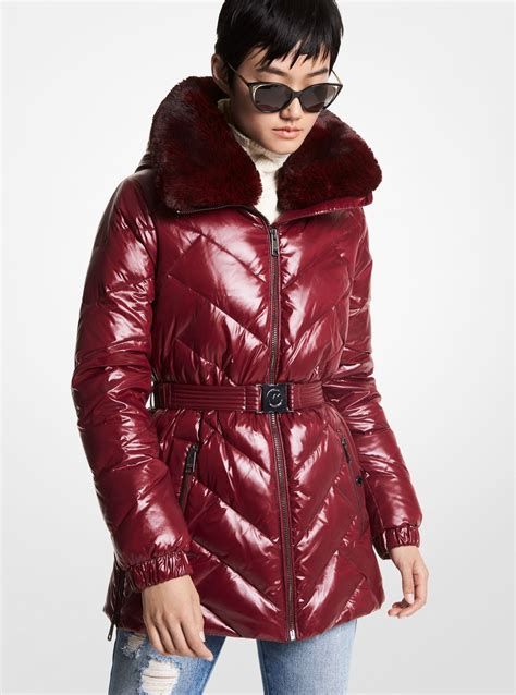 michael kors belted puffer jacket with faux fur trim|Michael Kors quilted puffer jacket.